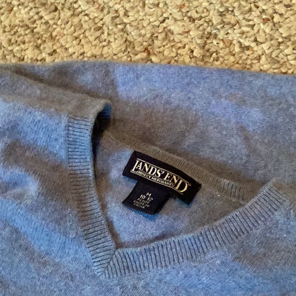 🐑 CASHMERE Lands End SKY BLUE V NECK SWEATER Sz M/Large Ladies EUC